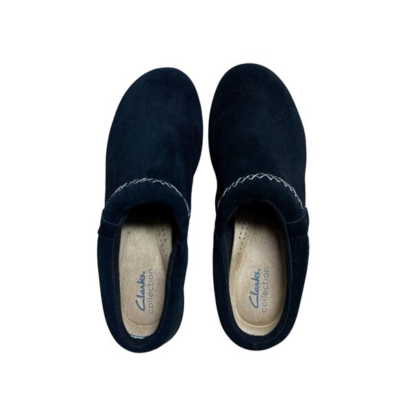 CLARKS ROSEVILLE ECHO CLOGS BLACK SUEDE SIZE 9 SLIP ON CUSHIONED COMFORT CASUAL - Picture 1 of 6